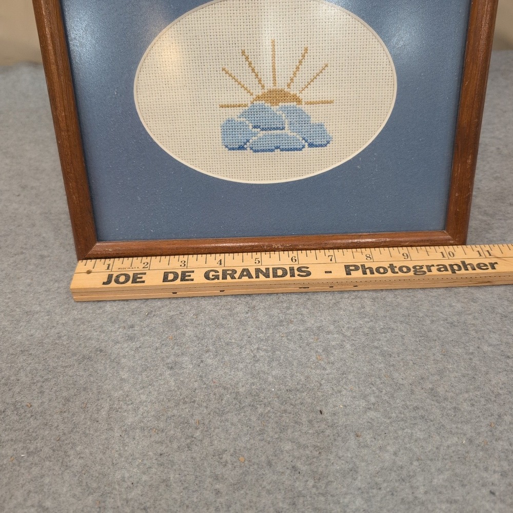 Vintage Cross Stitch Framed Art Sun and Clouds Needlepoint Blue Wood Frame - Picture 4 of 6